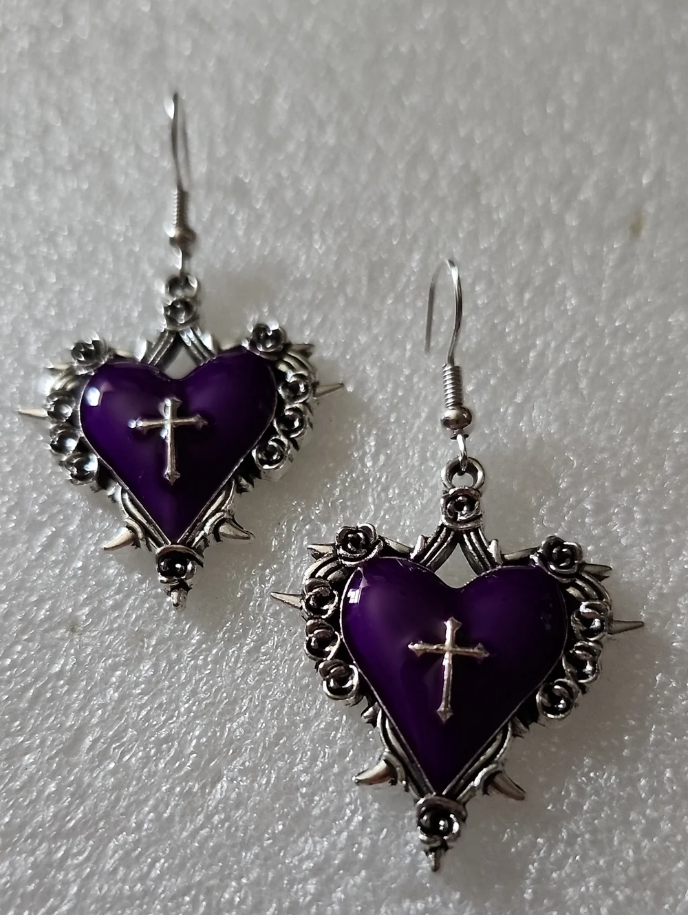 Hand Crafted Purple Heart Cross Earrings
